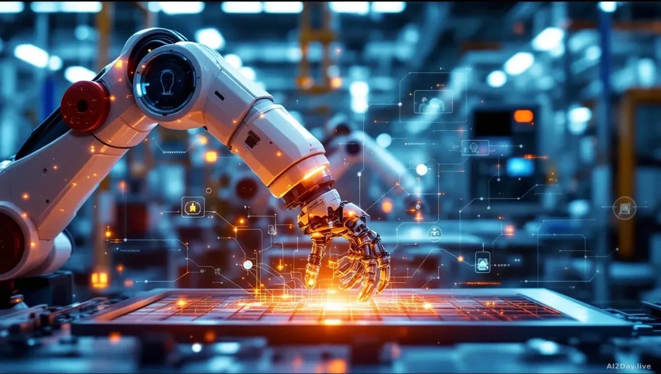 A close-up of a robotic arm in a factory performing a task, with digital overlay showing hidden network vulnerabilities and attack vectors invisible to physical