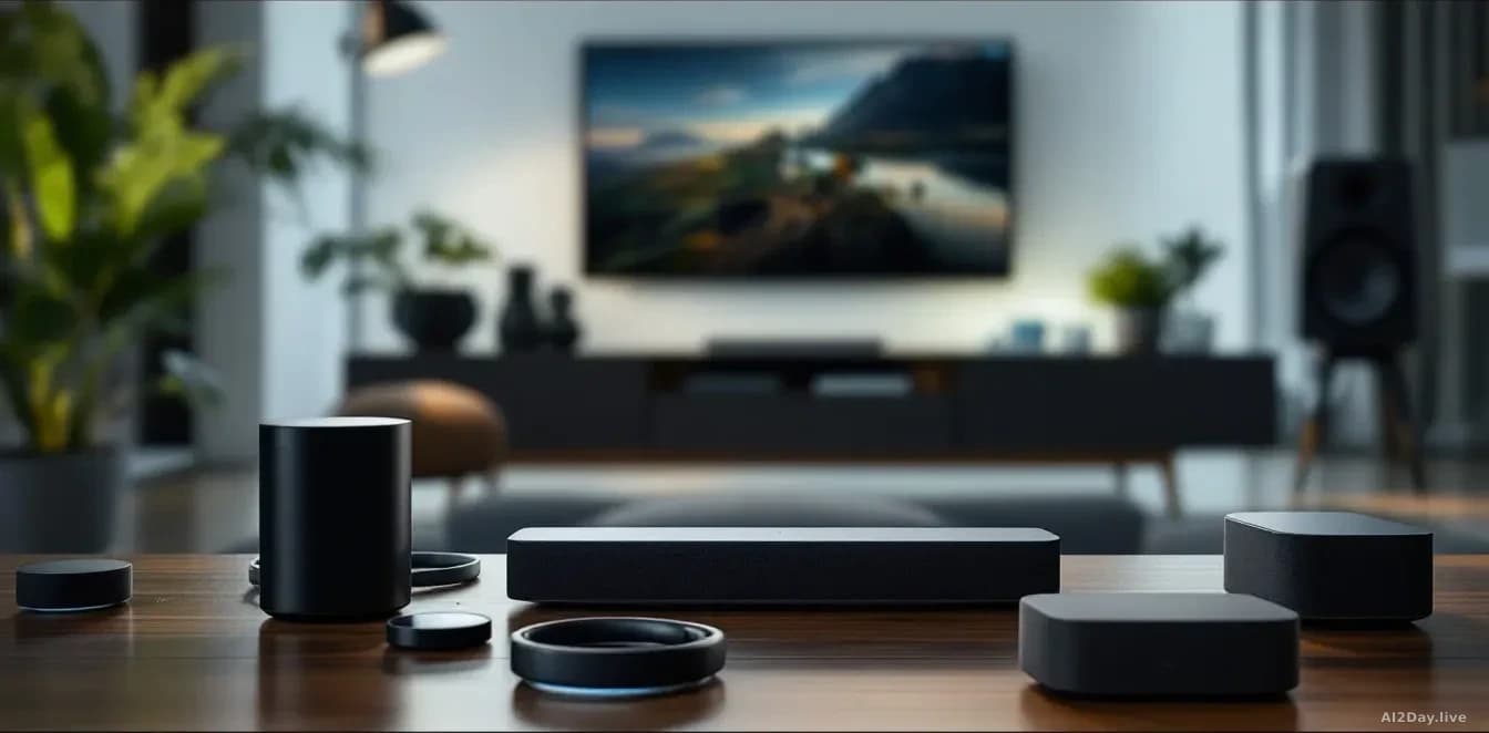 A modern living room with new Sonos speakers, headphones, and a soundbar positioned prominently, with older discontinued speaker models visible but dimmed in th