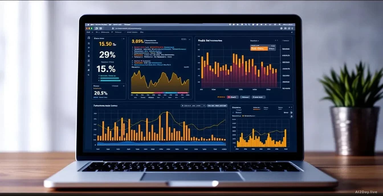 A MacBook or laptop screen displaying streaming lines of code and processing indicators, with performance graphs showing rapid data processing happening locally