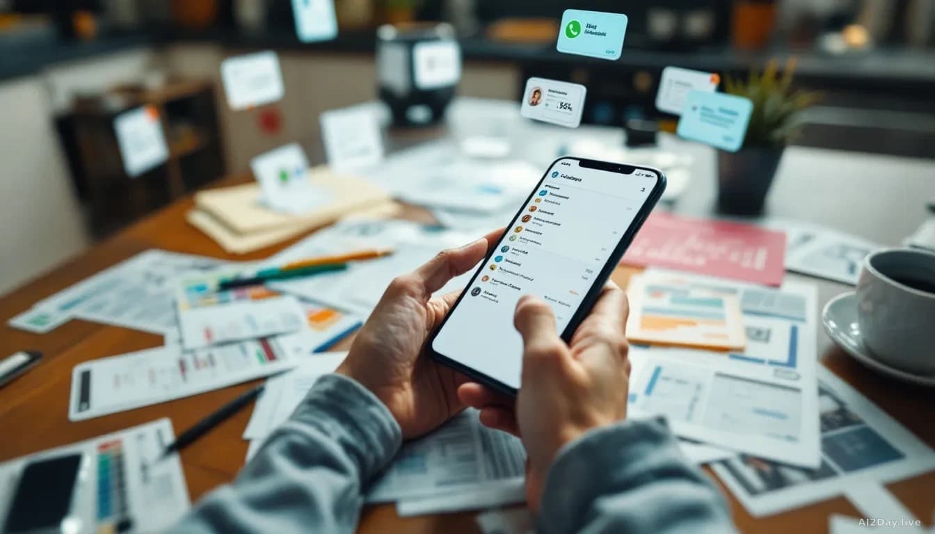 A kitchen table covered with school newsletters, family calendar printouts, and WhatsApp notification bubbles floating above, with a smartphone showing an AI as