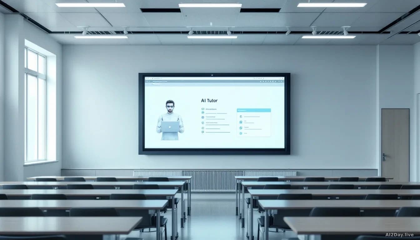An empty university lecture hall with a large screen displaying an AI-generated virtual tutor interface, student desks facing the screen with no instructor pres