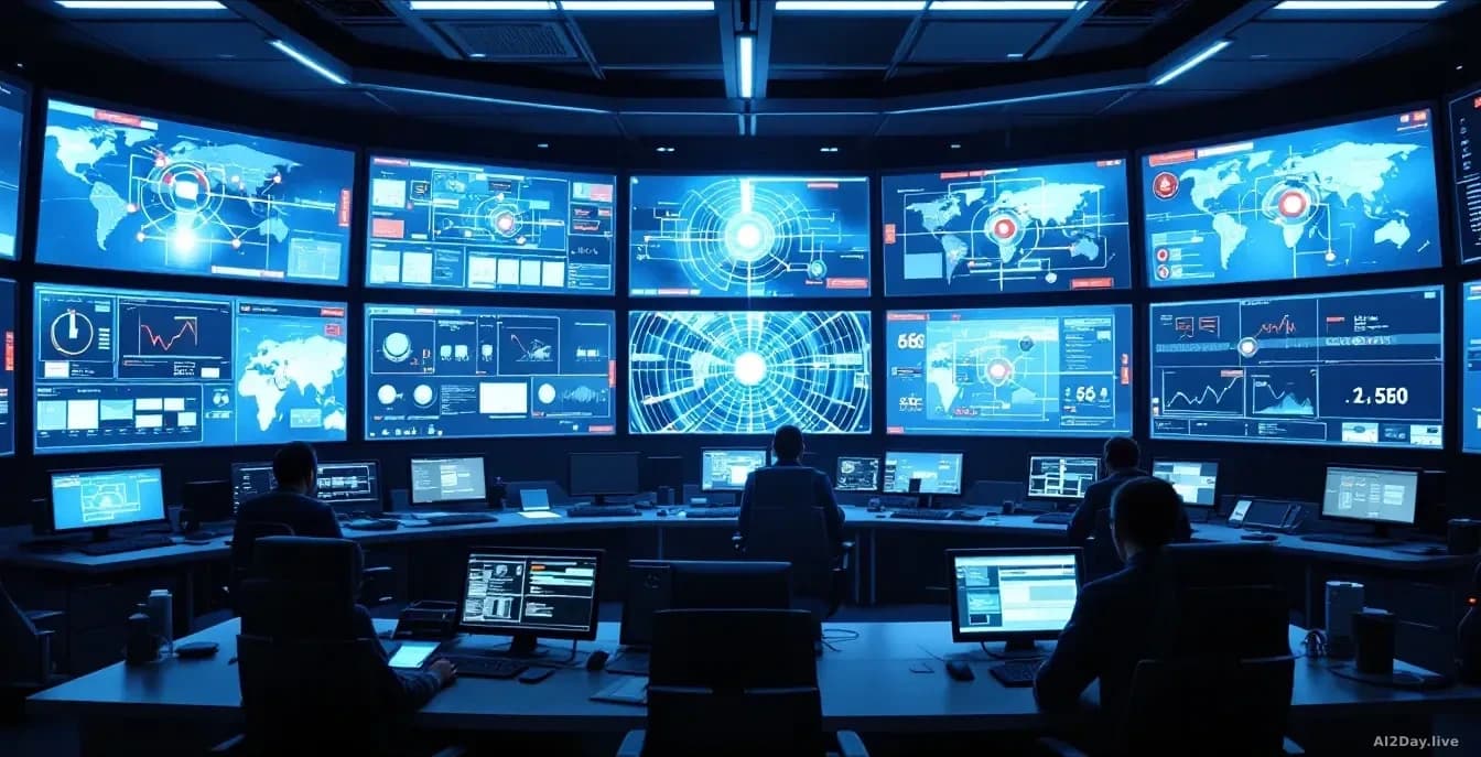 A security operations center with multiple screens displaying connection nodes and filtered pathways, showing approval checkpoints and blocked access attempts i