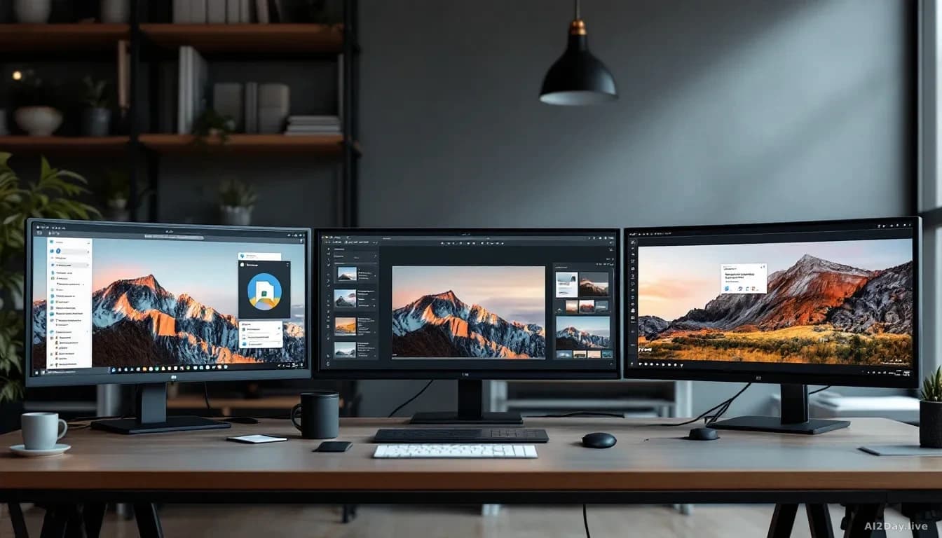 An office workspace showing Google Drive, Docs, and Slides simultaneously on multiple monitors, AI-generated and edited images appearing seamlessly within these