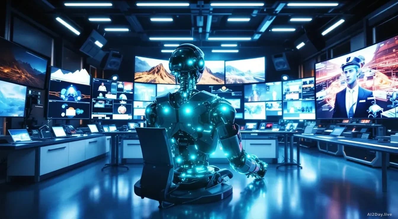 Illustration: A high-tech studio environment with multiple screens displaying continuously-generating