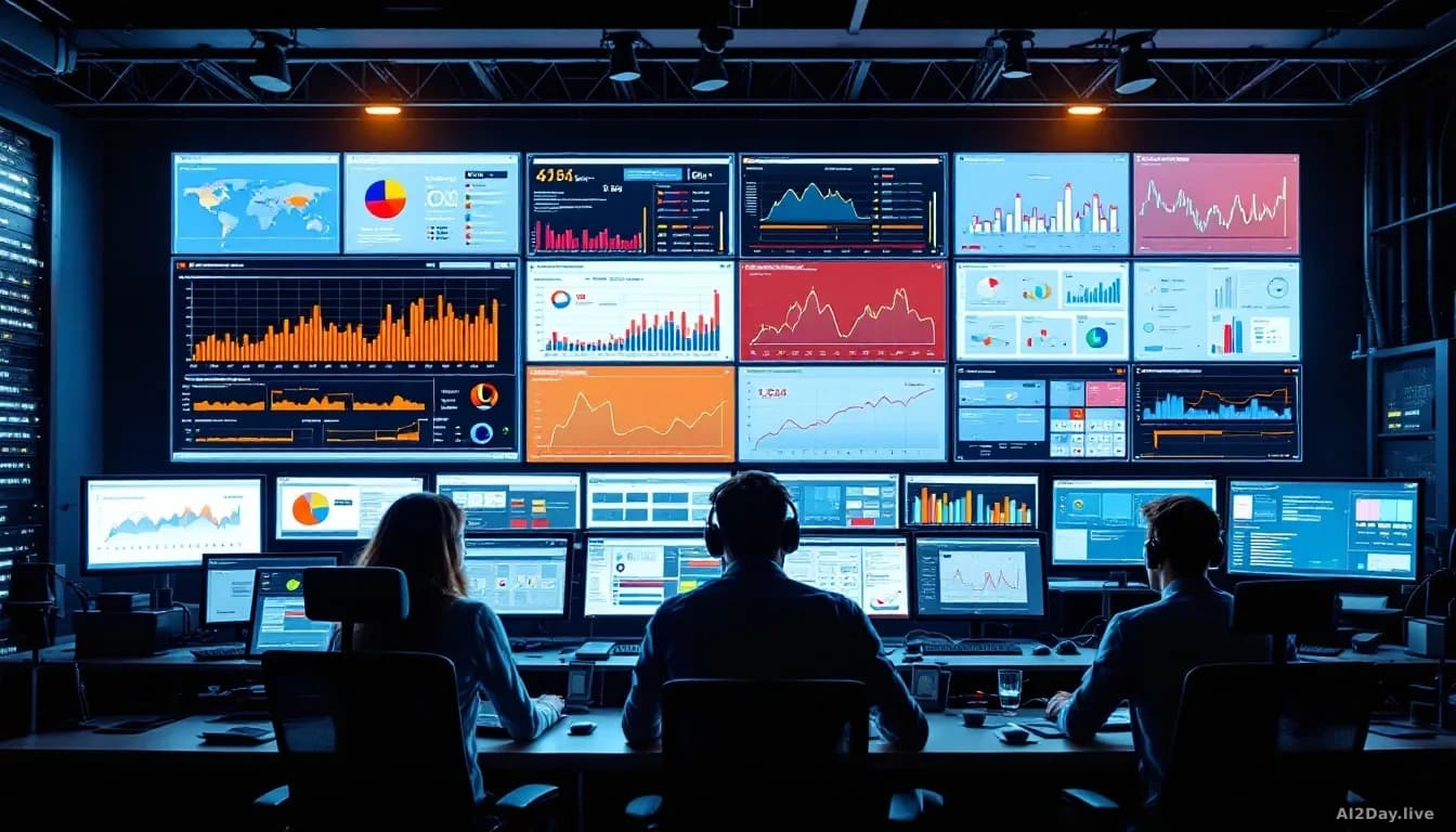 A data center monitoring station with multiple screens displaying system health metrics, alerts appearing before failures occur, infrastructure monitoring dashb