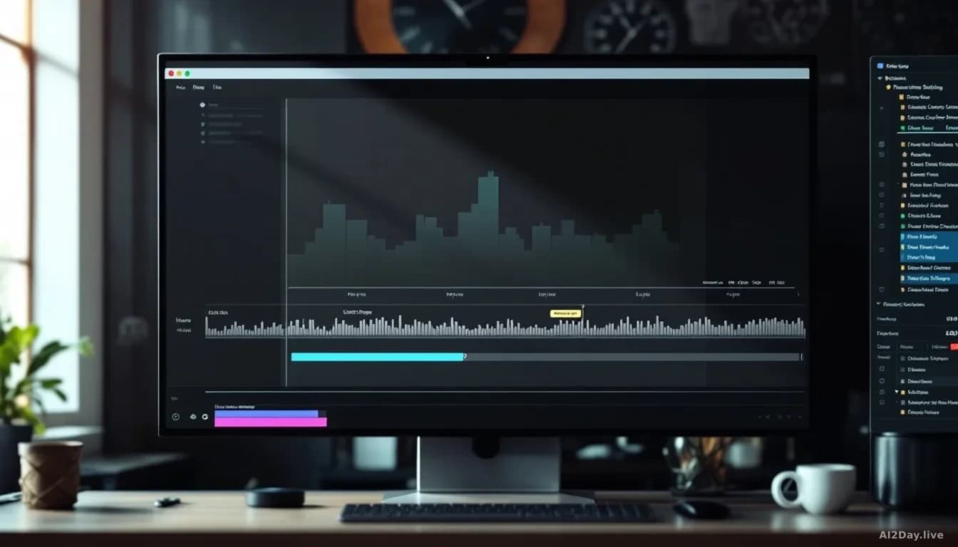 A video editing workspace with a long-form video playing in a window, timeline showing frame-skipping technology in action, token usage metrics displayed, techn