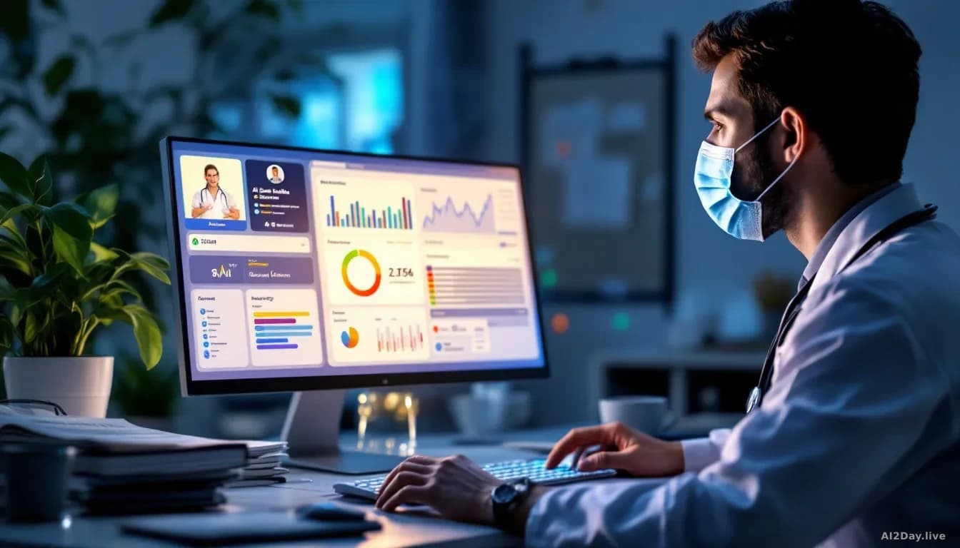 A hospital office with a doctor at a computer displaying patient electronic health records integrated with an AI assistant interface, medical charts and patient