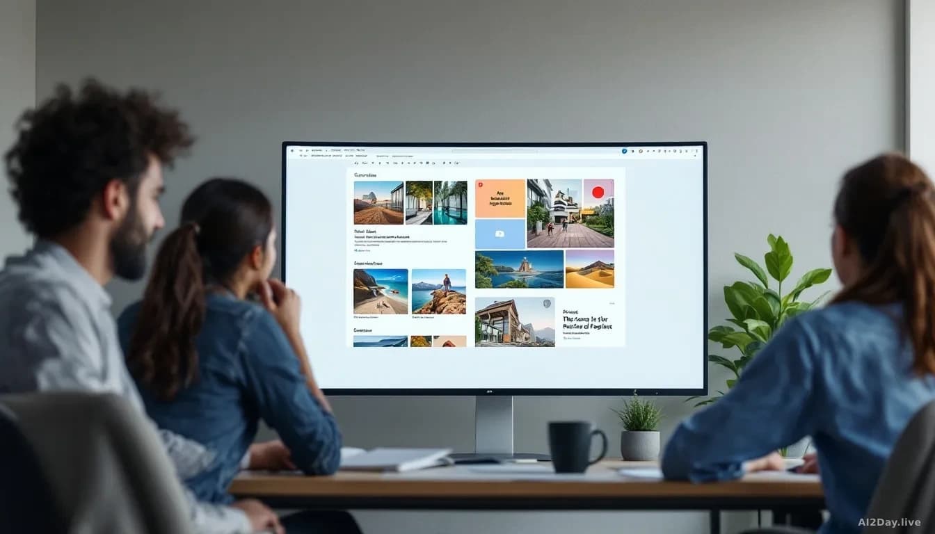 An office workspace showing Google Docs and Slides open on a large monitor, with AI-generated images appearing in documents and presentations, employees collabo