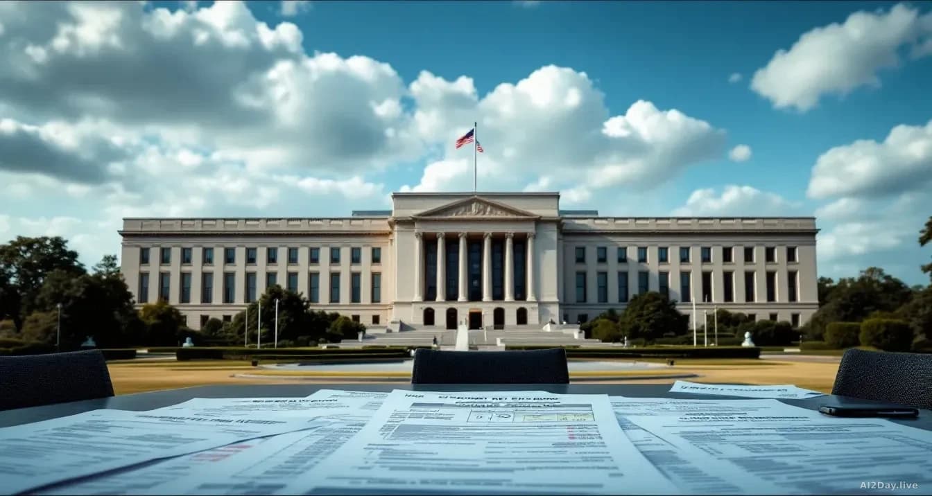 A Pentagon office building exterior with American flags, documents showing stock transaction records spread across a bureaucratic desk, conflict-of-interest pol