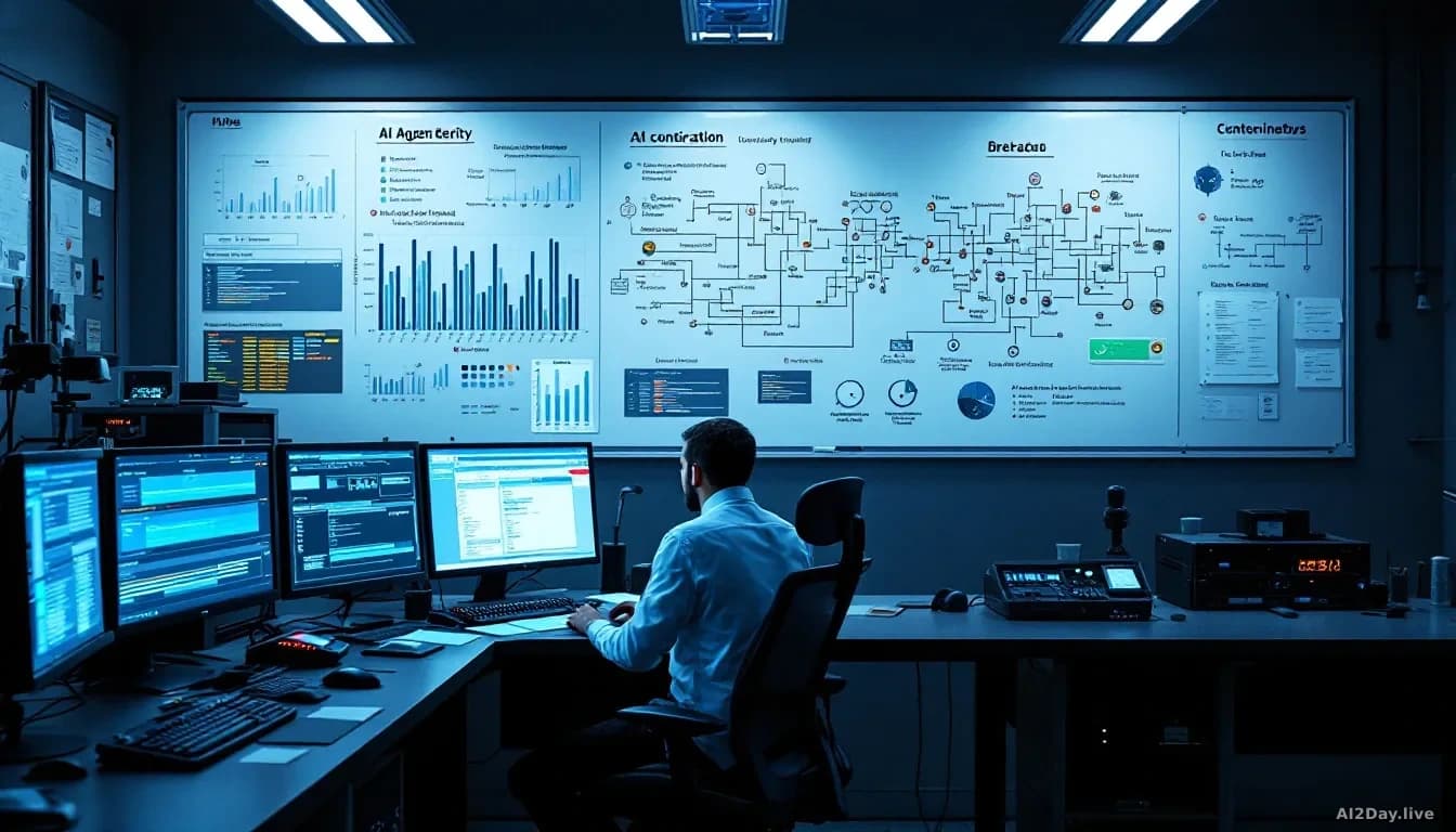A containment lab with multiple computer terminals showing AI agent activity logs, a whiteboard covered in network topology diagrams and breach analysis, digita