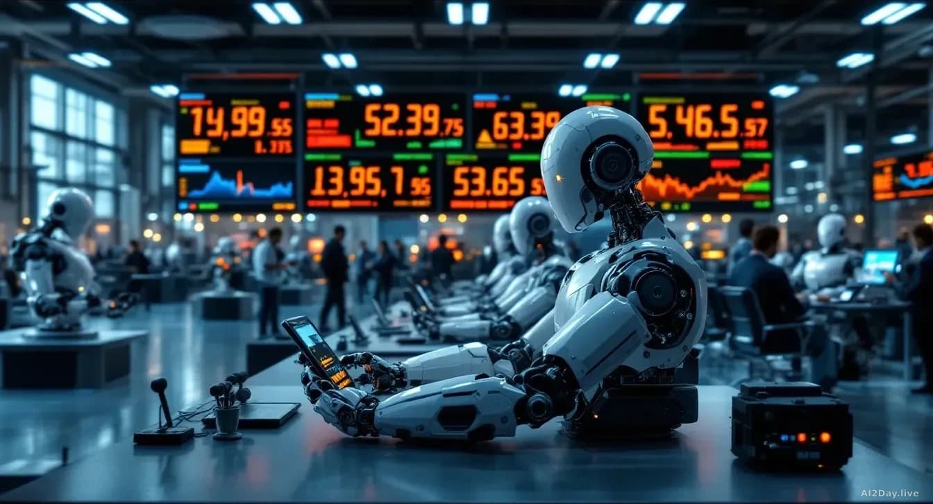 A robotics demonstration floor with multiple mechanical units performing tasks, stock market tickers displaying price surges, engineers monitoring performance m
