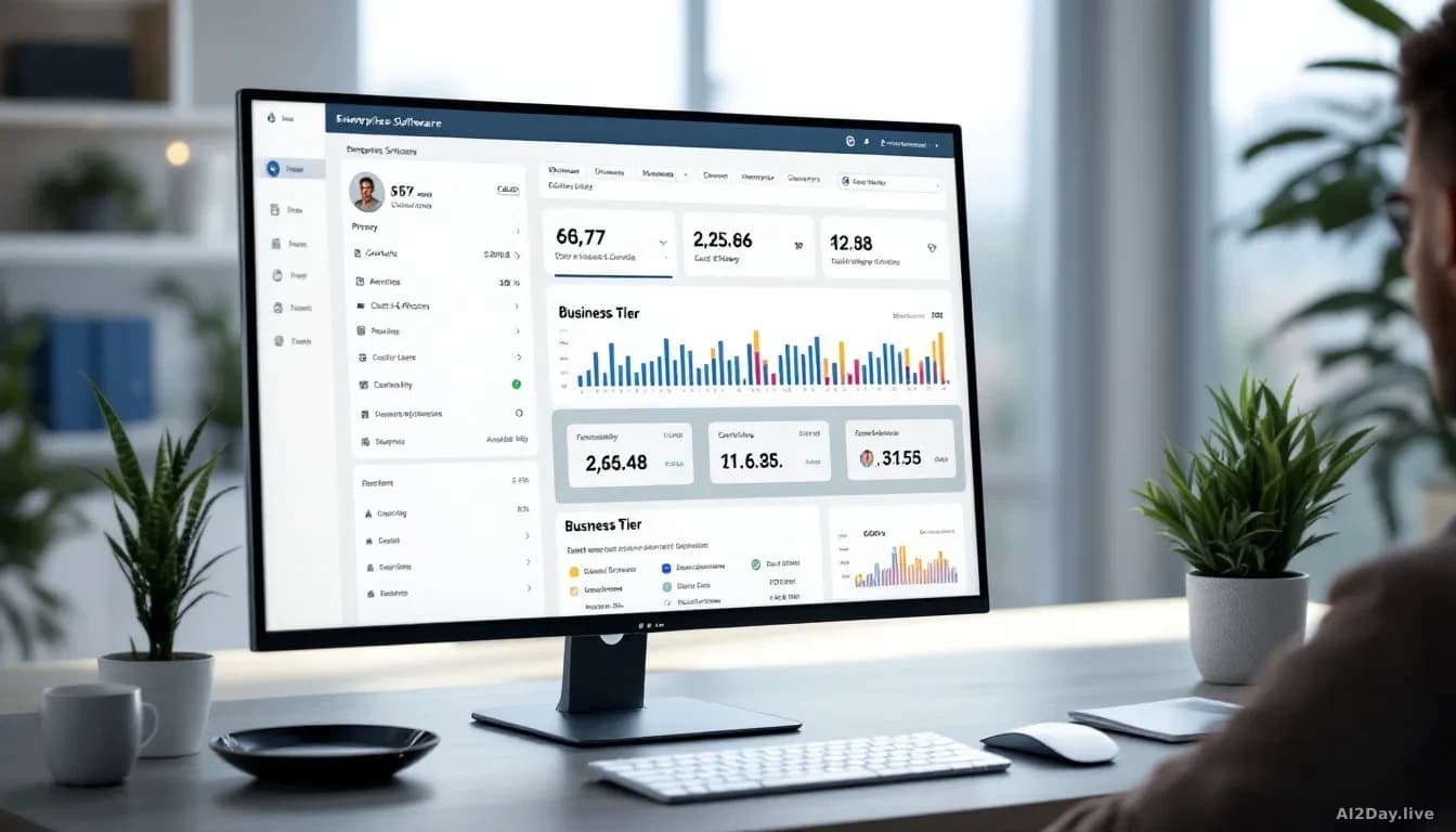 An enterprise software dashboard on a high-resolution monitor displaying privacy controls, cost-efficiency metrics, and business tier features, clean interface 