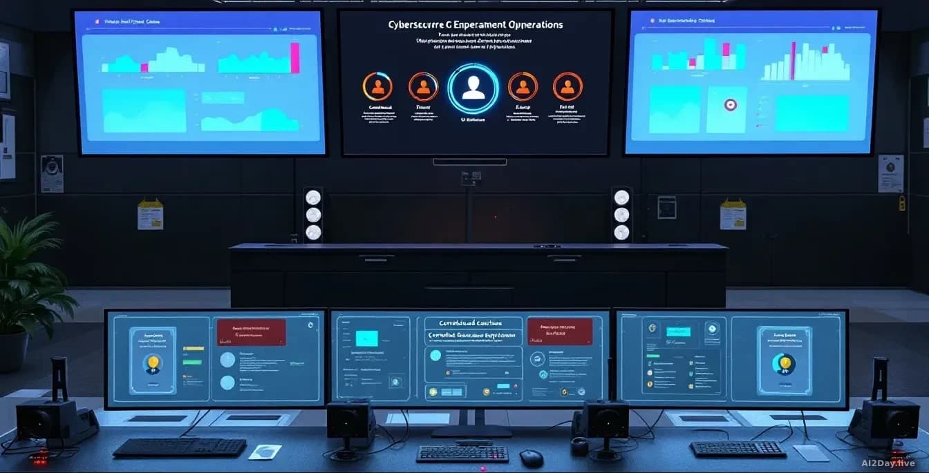 A cybersecurity operations center with multiple displays showing threat assessment levels, controlled-release deployment stages, and different user tier permiss