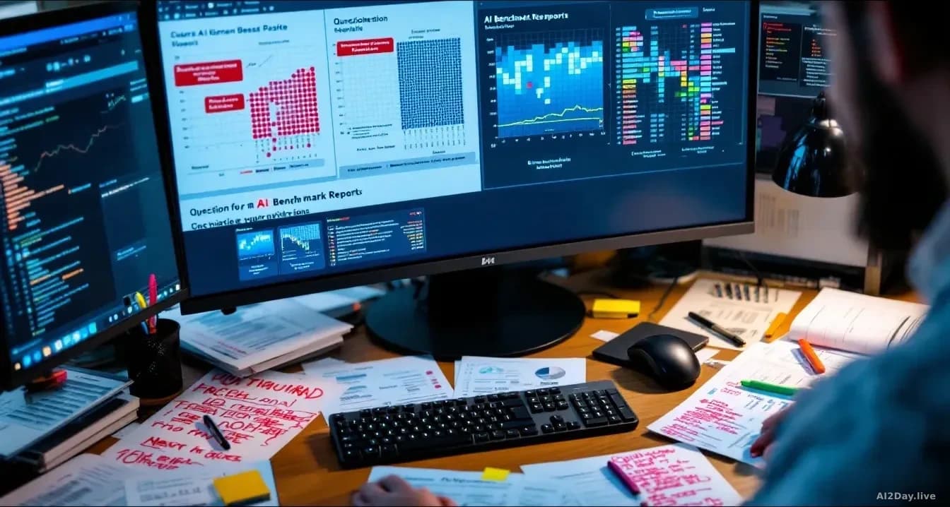 A researcher's desk scattered with printed AI benchmark reports, highlighters marking inconsistencies, a computer monitor displaying side-by-side comparison cha