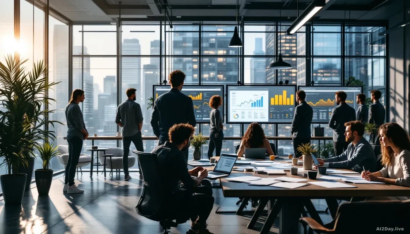 A sleek glass-walled startup office with young employees at standing desks, screens displaying growth charts and financial dashboards, venture capital documents