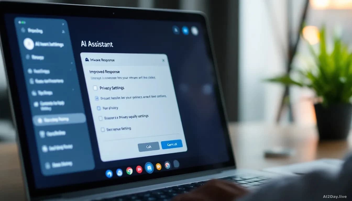 A business professional at a laptop reviewing an updated AI assistant interface, the screen showing improved response capabilities and privacy settings options 