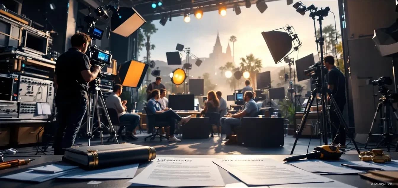 A Hollywood studio backlot or sound stage with film and television production equipment visible, contracts and negotiation documents in the foreground represent