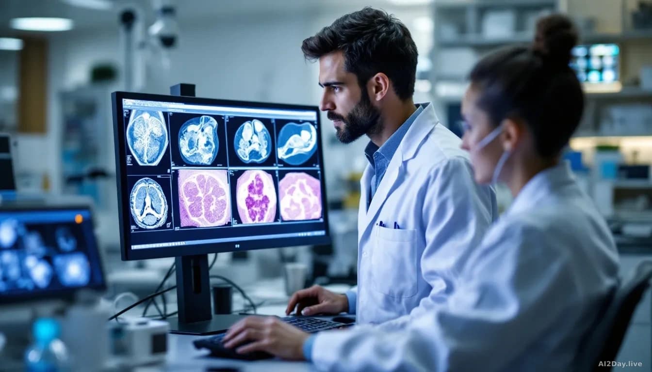 A laboratory setting with a pathologist examining digital scans of cancer tissue slides on a computer workstation, the efficiency of the streamlined process vis