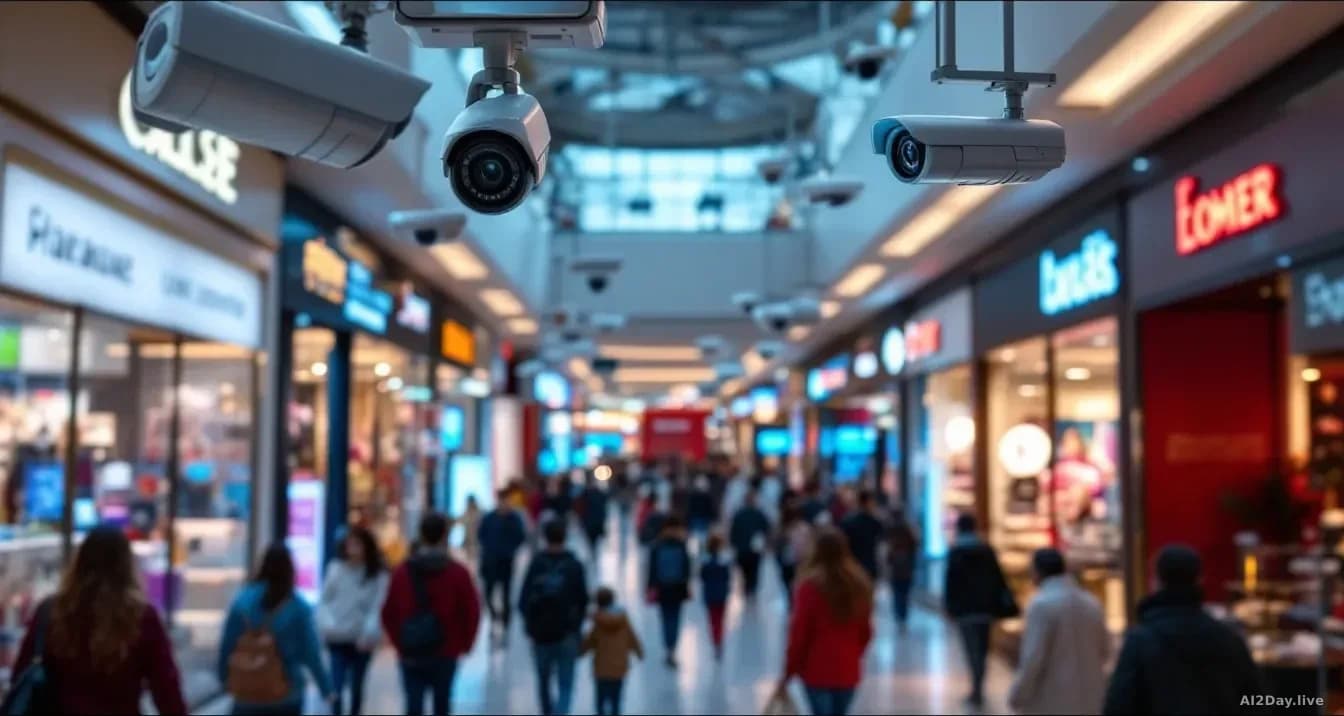 A shopping centre interior showing surveillance cameras and facial recognition systems mounted overhead, shoppers walking below unaware of the identification te
