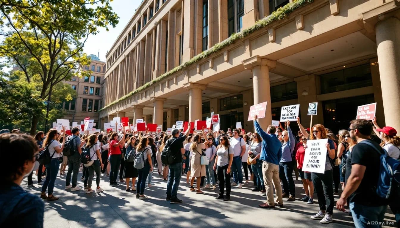 University of Sydney campus exterior with staff members picketing outside a building during daylight, protest signs visible, hundreds gathered in solidarity