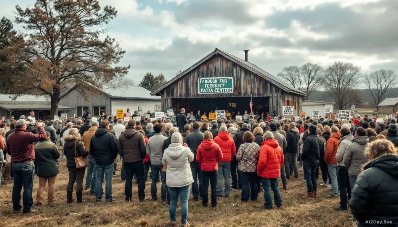 A community meeting or town hall in a rural area with citizens gathered opposing a proposed data centre construction, protest signs and local officials present