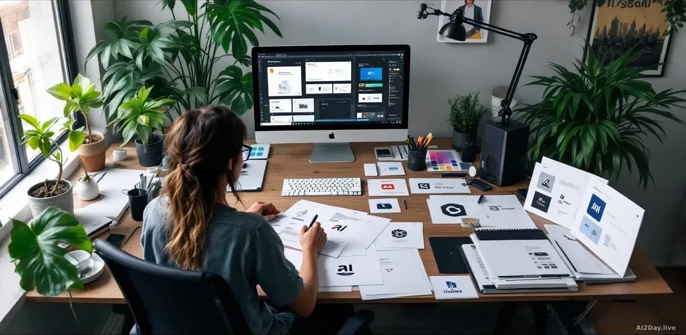 A freelancer's workspace in Barcelona showing a designer at a computer, with printed AI-generated logos and design iterations spread across the desk waiting for