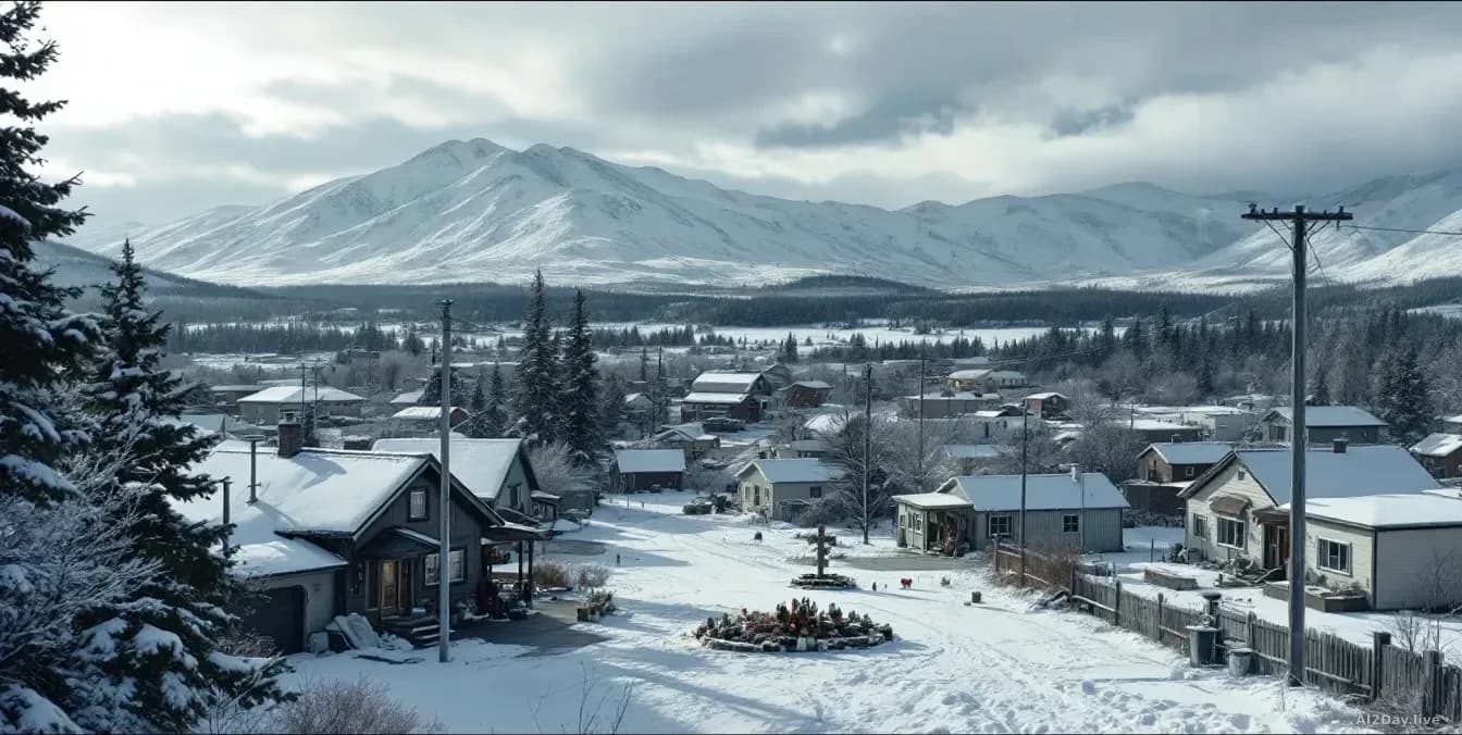 Tumbler Ridge, British Columbia landscape in winter, small rural community setting with memorial or community gathering space, the ordinary small-town scene con