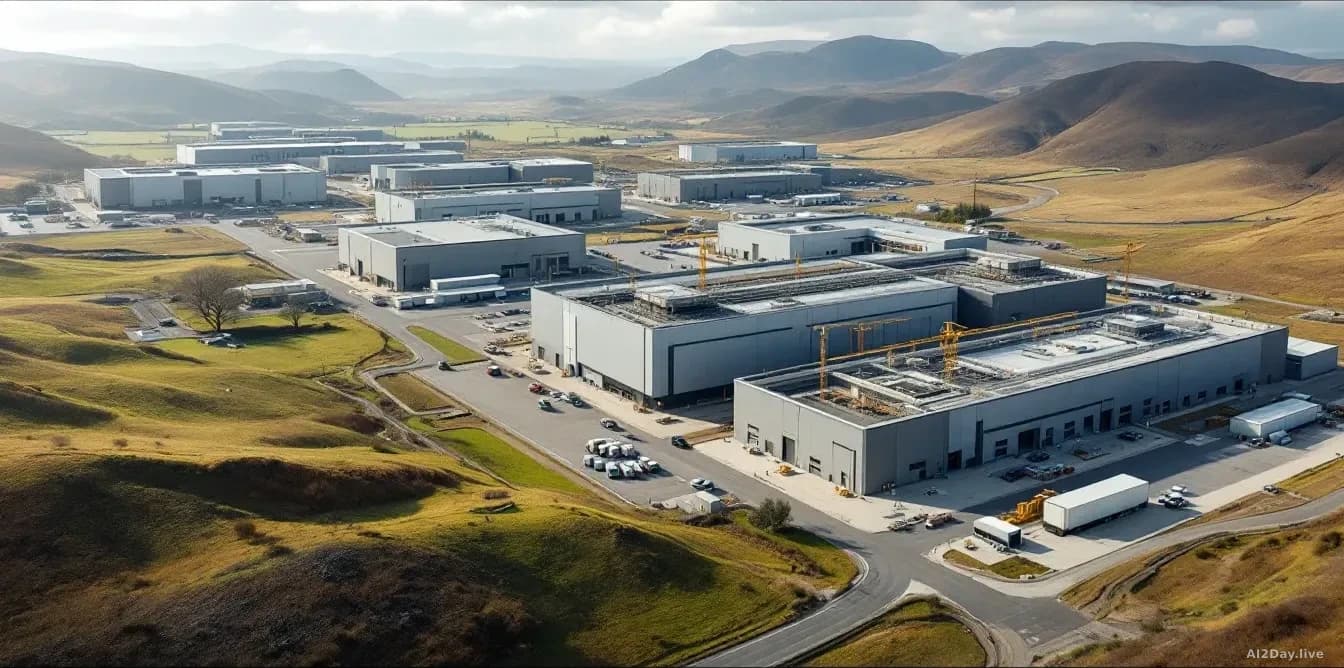 Scottish landscape with multiple large industrial data centre buildings under construction or completed, hillsides and terrain visible around the facilities sug
