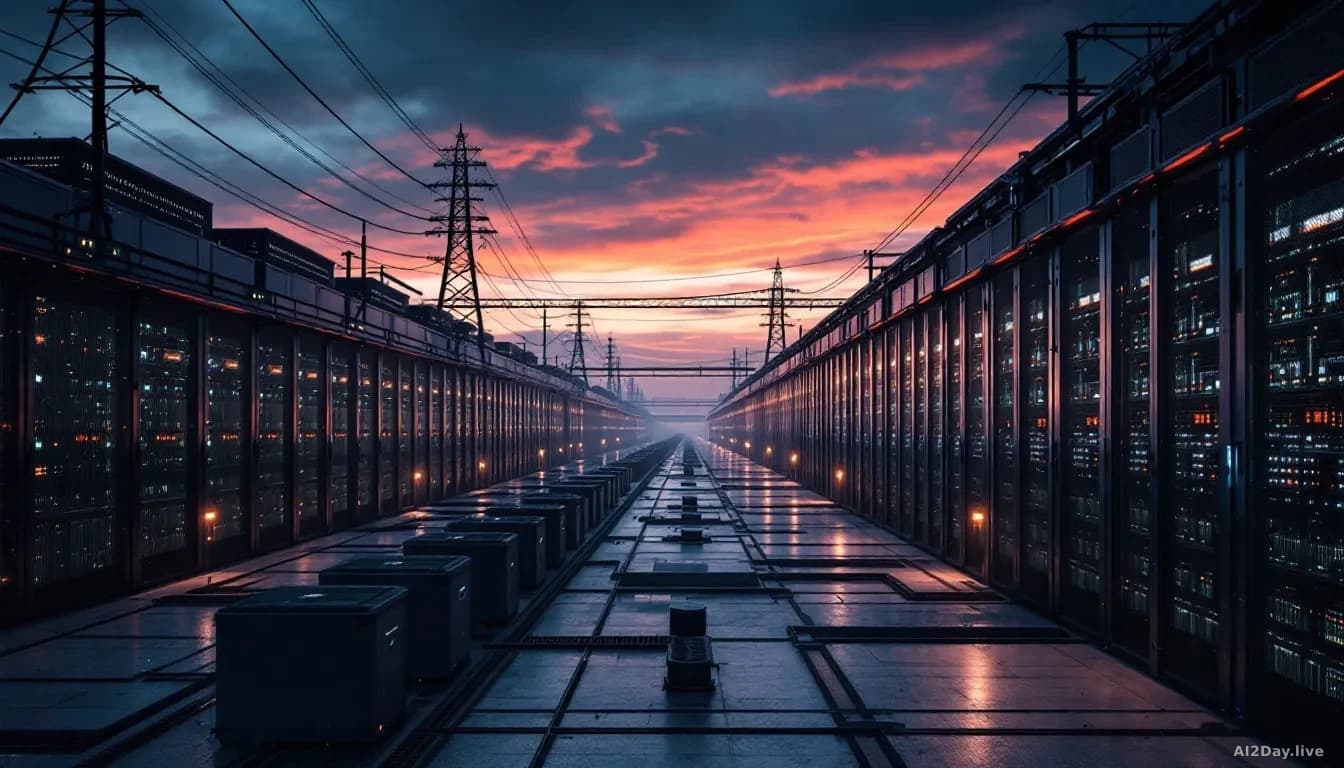 A massive data centre building complex at dusk with enormous cooling systems running and power lines overhead, the scale suggesting significant but opaque opera