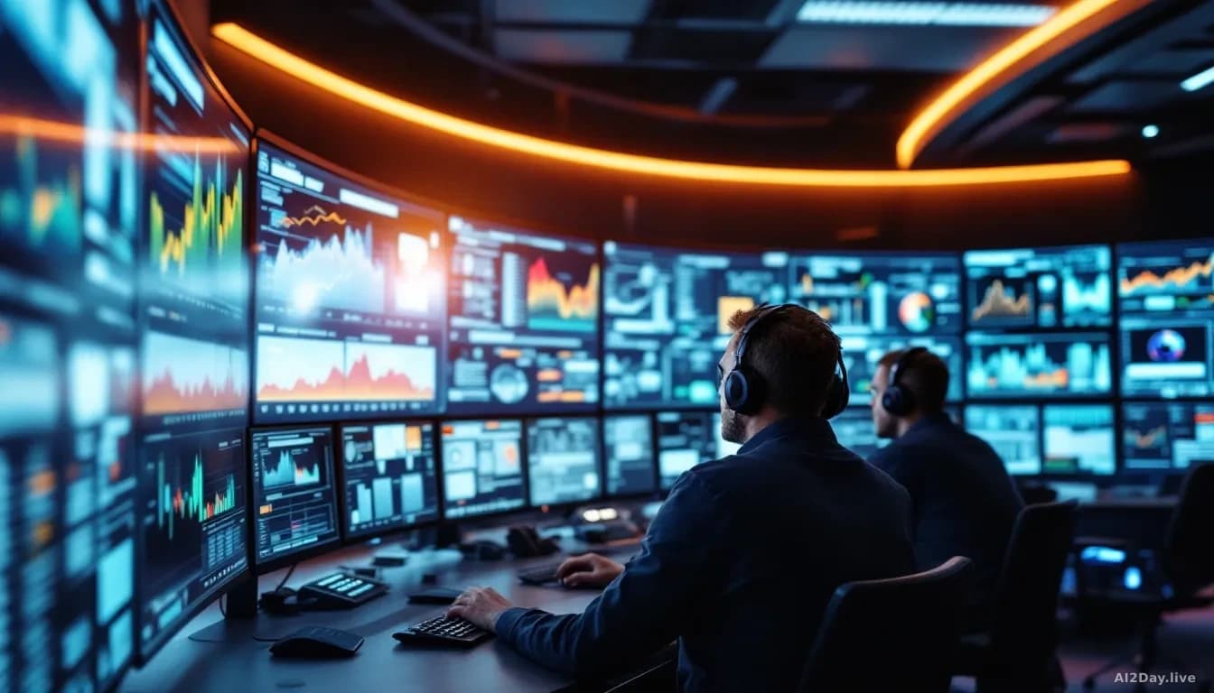 A command centre with engineers monitoring live data streams on large displays, real-time analytics and predictions flowing across the screens without manual in