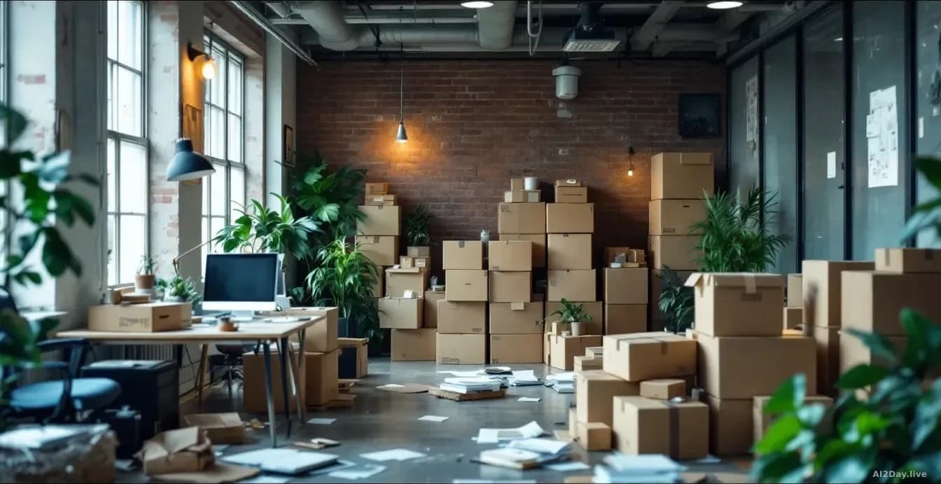 A small startup office space being packed up with boxes, computers being disconnected, the closure of an acquisition visible in the physical dissolution of the 