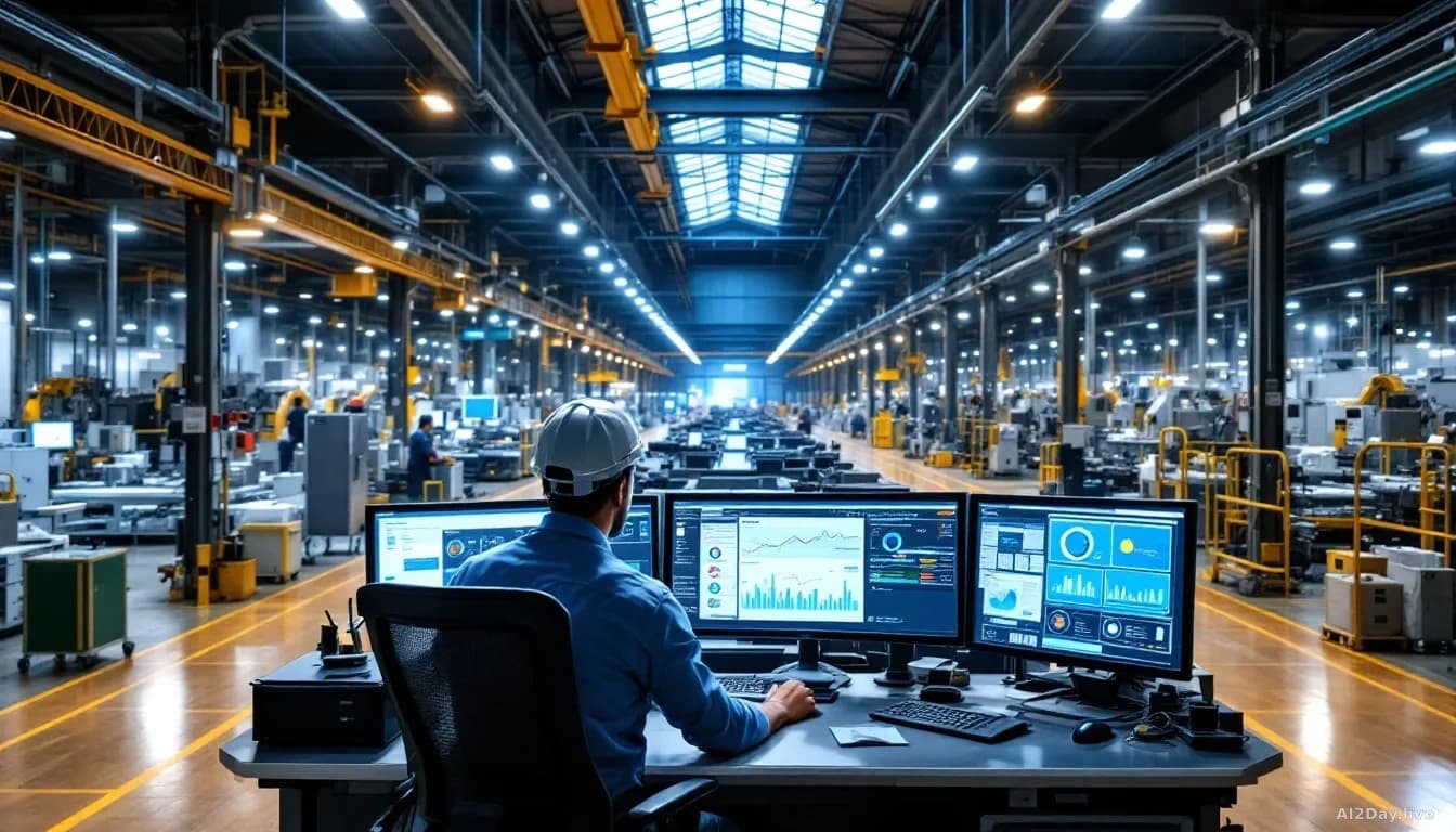 Inside a large manufacturing facility with rows of machinery and assembly lines, a technician at a workstation reviewing data dashboards on multiple monitors sh