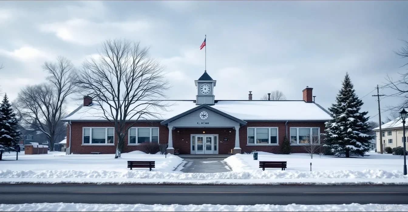 A small-town school building exterior in winter with Canadian landscape, a quiet residential street, the ordinary scene contrasting with the legal documents and