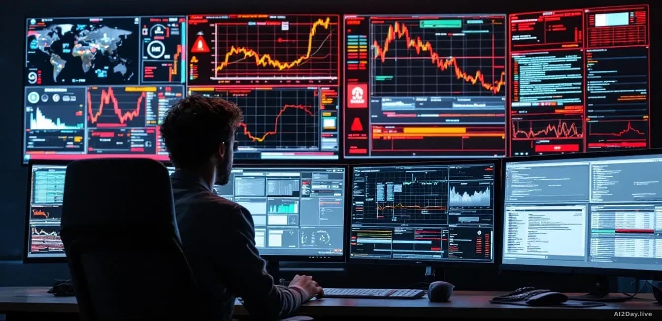 A security operations centre with multiple monitors displaying network traffic patterns and threat detection alerts, a cybersecurity professional monitoring the