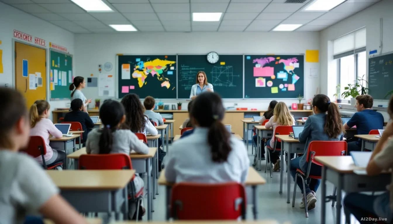 A middle school classroom during a lesson with students at desks and a teacher at the front, noticeably absent of any screens, tablets or laptops visible in the