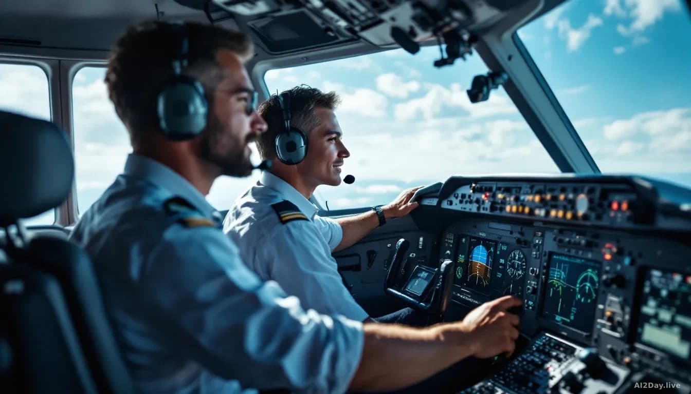 A senior pilot in a cockpit mentoring a junior colleague at the controls during a training flight, both focused on instruments and the view ahead, showing the h