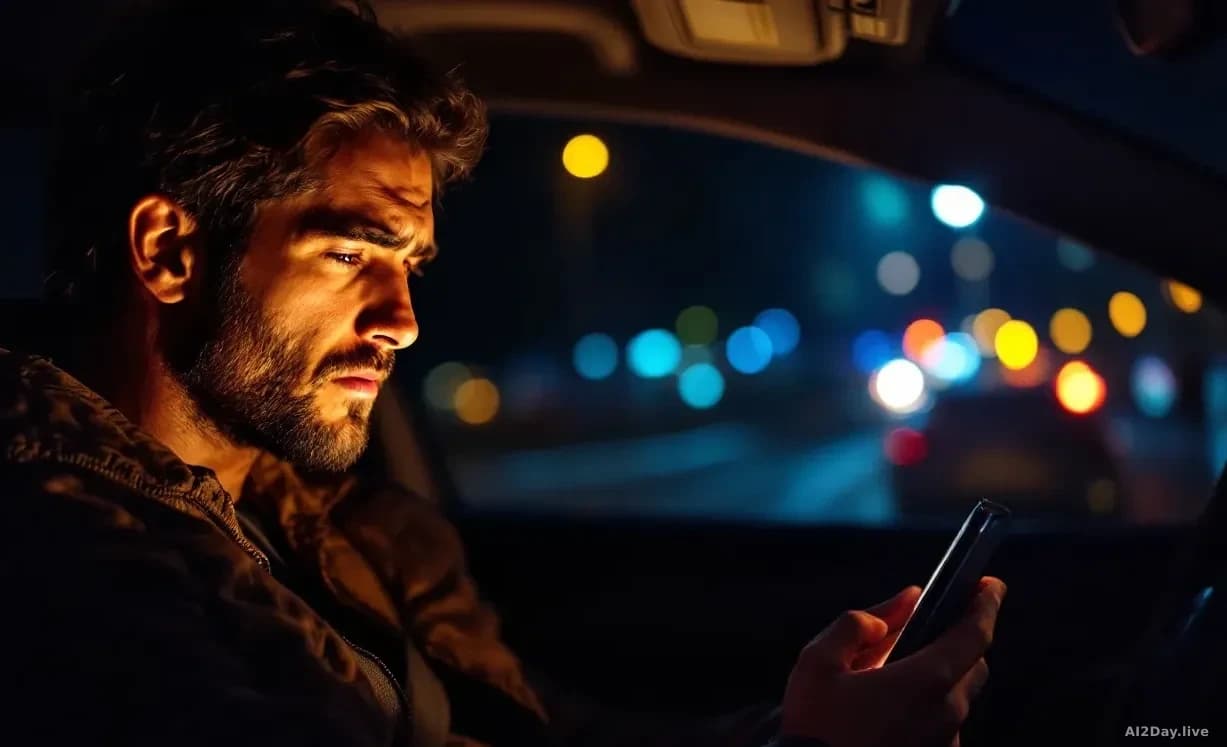 A ride-share driver in a vehicle at night checking their phone displaying earnings data, the glow of the screen illuminating their expression of concern and fru