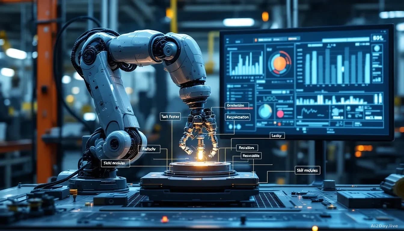 A robot arm at a workbench performing a complex multi-step task, with visual overlays showing task decomposition into labeled, reusable skill modules on a monit