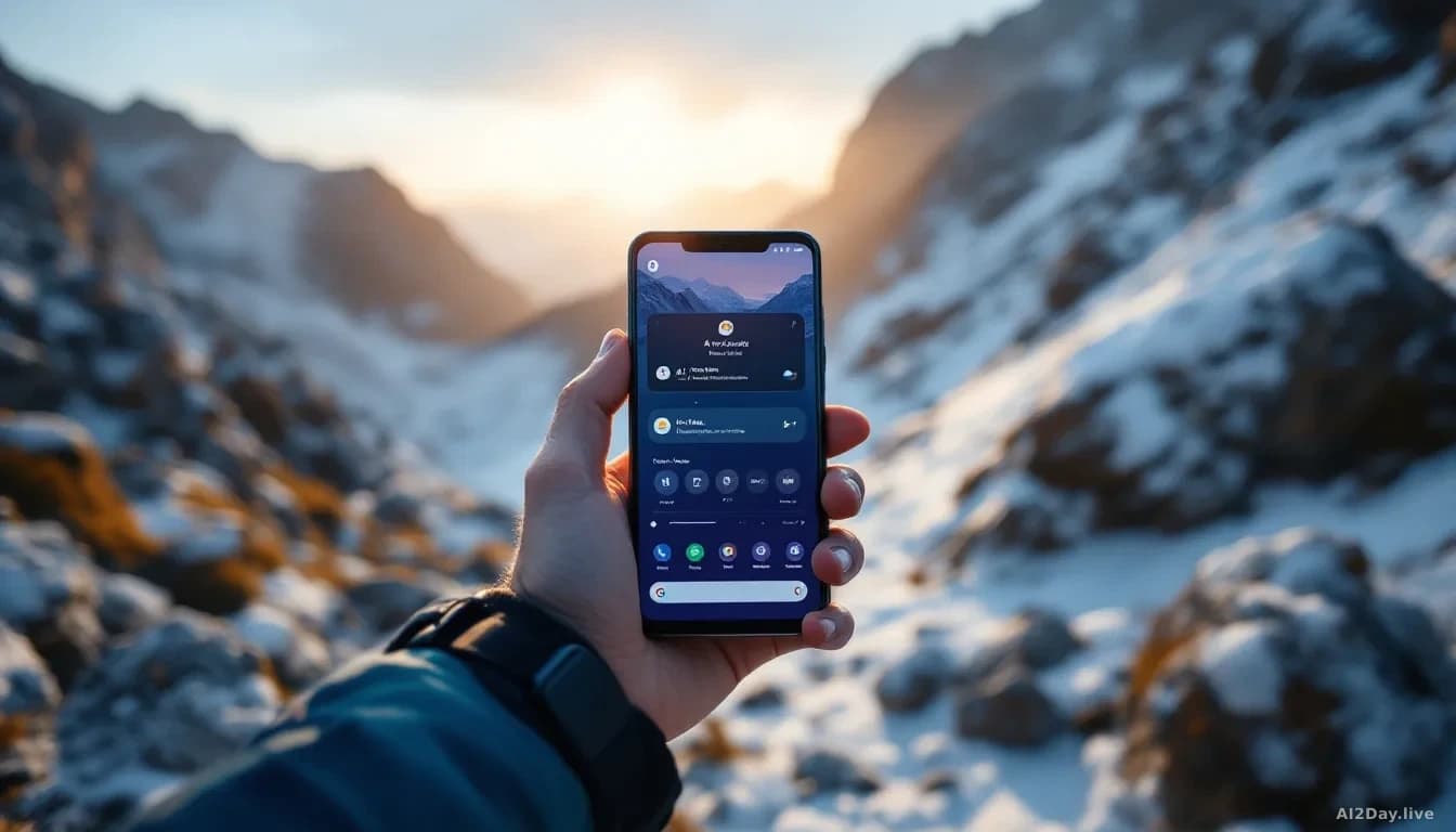 A high-energy survival challenge scene with a content creator in extreme climate conditions, holding a smartphone displaying an AI assistant interface, with Goo