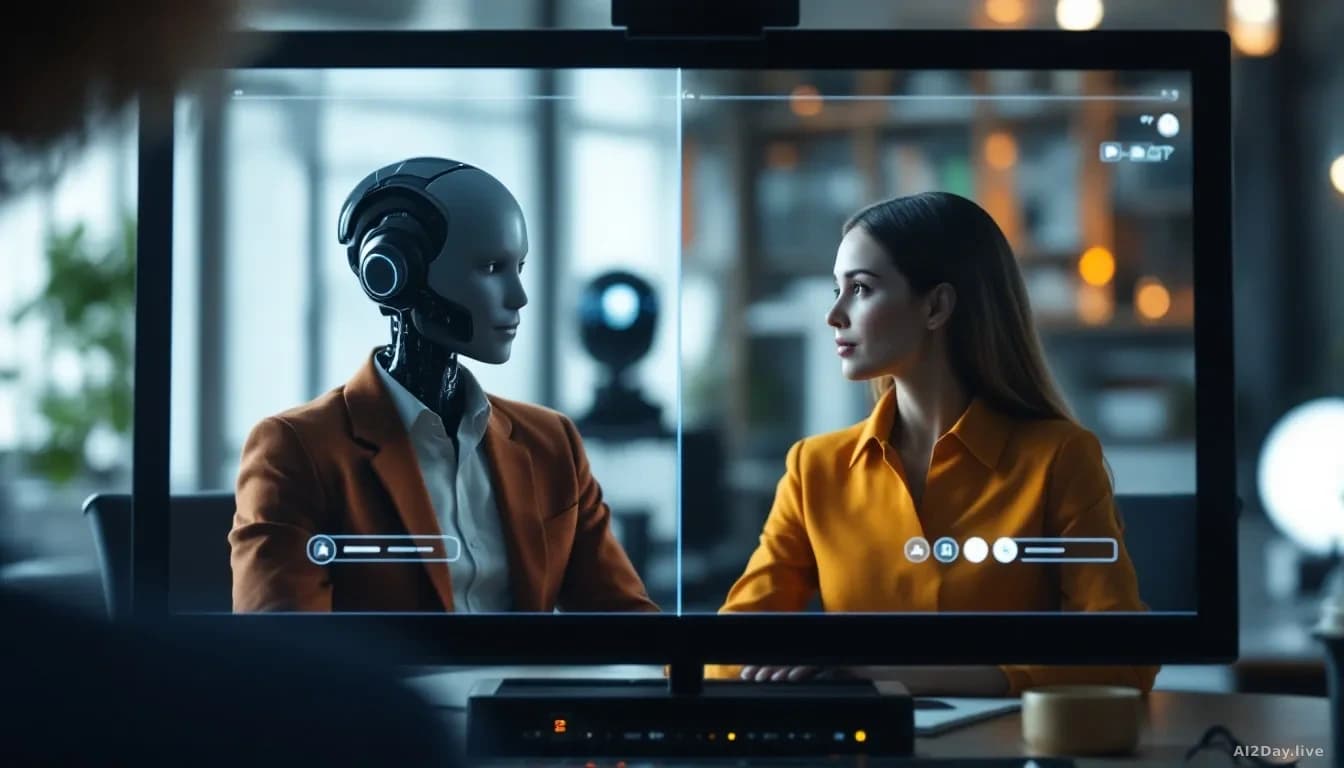 A job interview scene viewed through a computer camera—two AI chatbot interface windows visible side-by-side, simulating an interview conversation