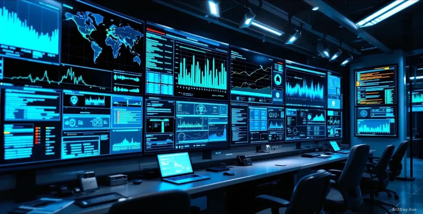 A hospital or government IT operations center with large screens displaying security vulnerability scans and automated patch deployment processes running in rea