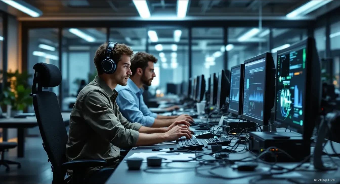 A corporate office where engineers in casual attire work directly at client workstations, manually configuring AI systems with cables and equipment spread acros