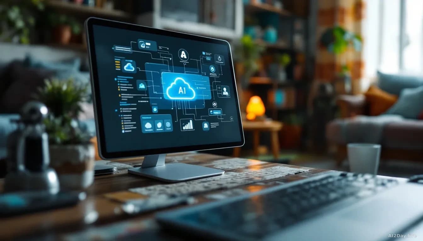 An Indian household with an older desktop computer being replaced by a tablet or older laptop wirelessly connected to cloud services, displaying smooth AI softw