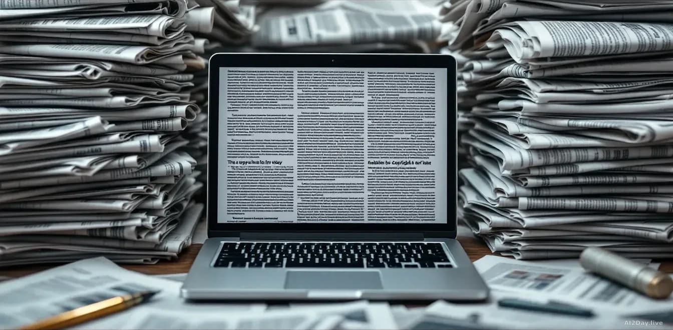 Stacks of printed newspapers and digital news article feeds surrounding a laptop displaying legal documents and copyright law text
