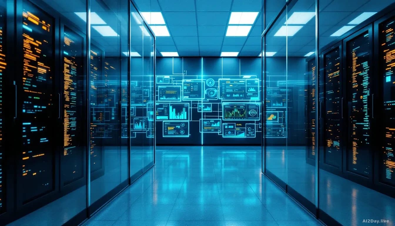 A server room with monitoring systems displaying data flow, but key sections of the processing visualization are obscured or hidden from view behind security ba