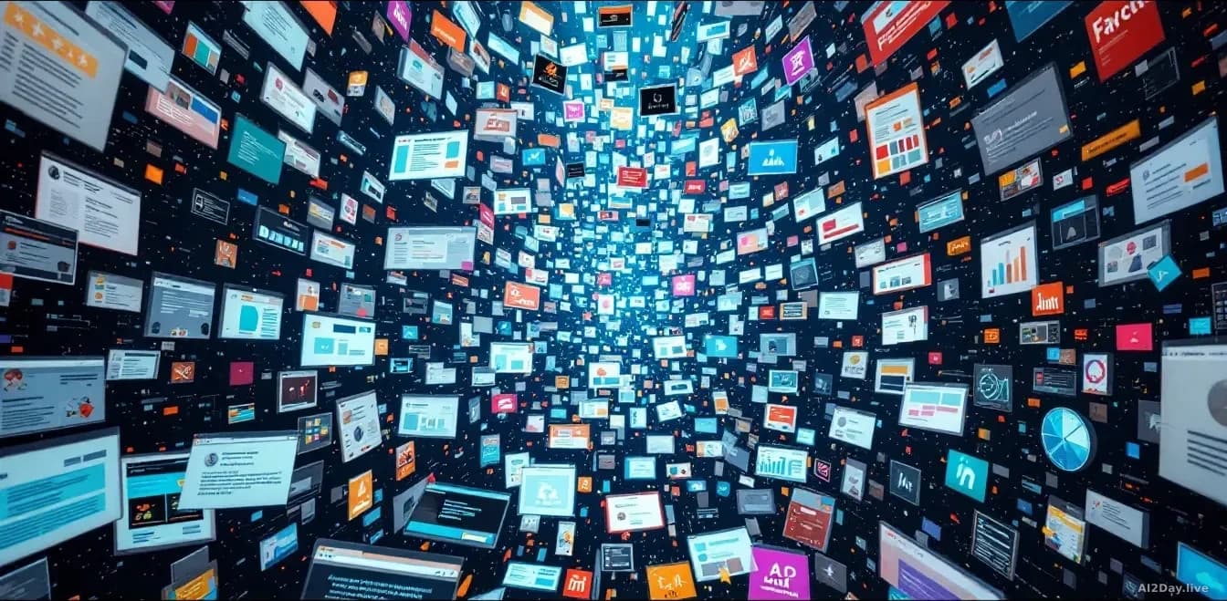A web browser homepage flooded with countless fabricated reviews, fake job applications, and duplicate content cascading down the screen in overwhelming volume