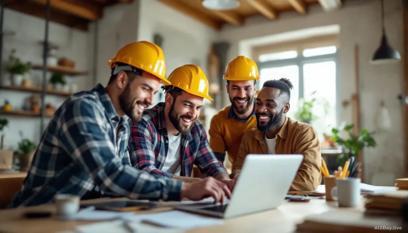 A construction site office where workers of diverse backgrounds gather around a laptop, one person (dyslexic presentation implied by comfortable body language) 