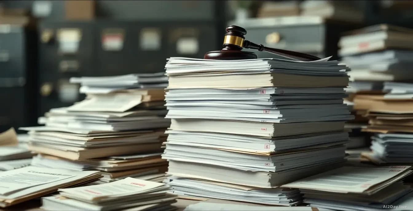 Stacked documents and filing cabinets with 'classified' stamps and redacted text, a gavel and legal brief on top of the pile