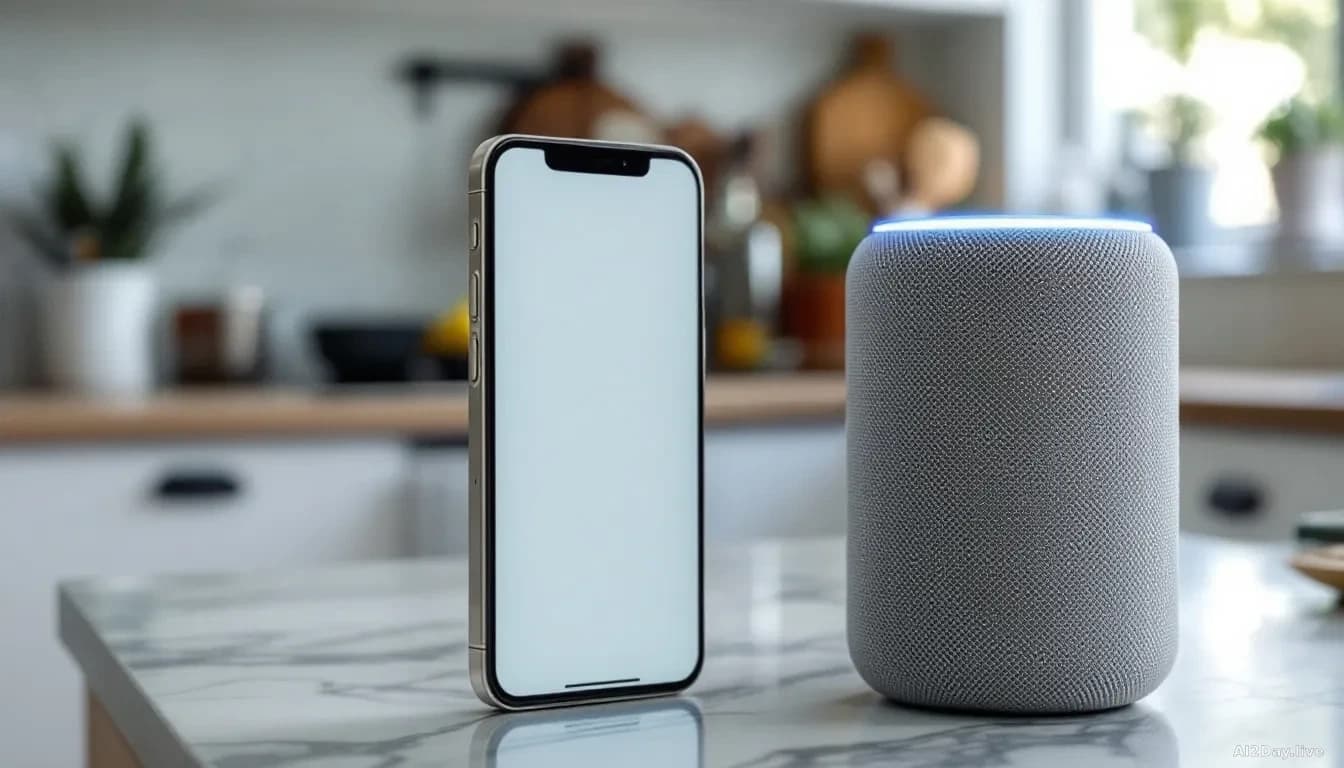 A smartphone screen displaying a suspicious text message next to a smart speaker with listening indicator active, both positioned on a kitchen counter