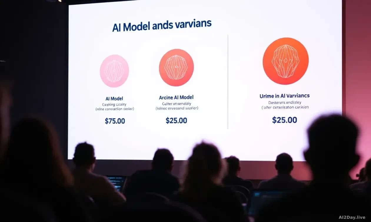 A tech conference presentation screen displaying three distinct AI model variants with pricing labels, developers' laptops open in the audience with code visibl